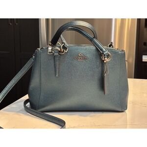 Coach Purse Metallic Dark Teal New Mini Christie Carryall Leather Antique Nickel